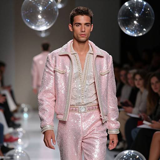 Photograph of a male model with short dark hair, wearing a sparkling pink sequin jacket and pants, walking a runway with floating silver balls, in