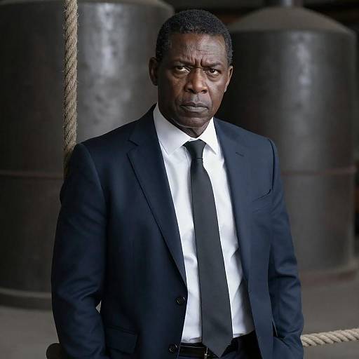 Stern Middle-Aged Black Man in Suit in Industrial Setting