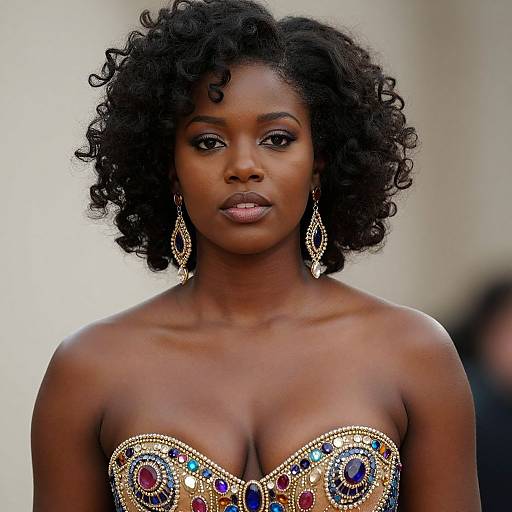 Photograph of a beautiful Black woman with curly hair, wearing an elaborate, strapless, beaded gown with colorful gemstones, and matching teard