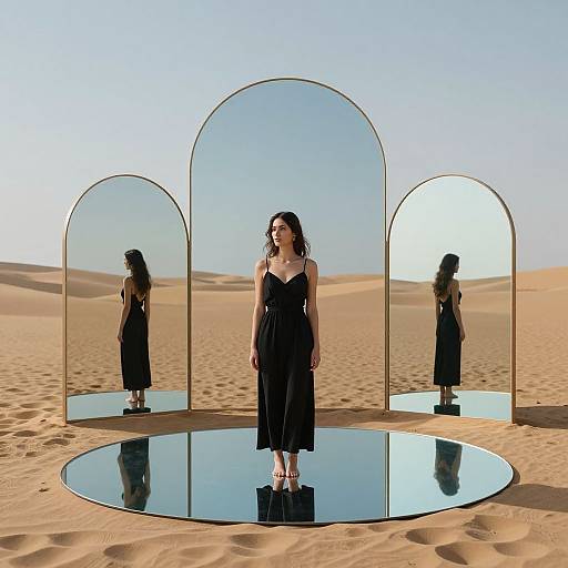Photograph of a woman in a black dress standing on a mirror platform in a desert, surrounded by three large arched mirrors reflecting her image.
