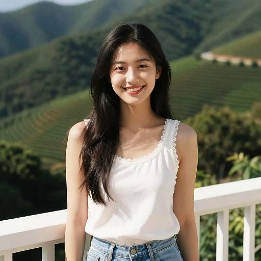 Smiling Asian Woman on Balcony