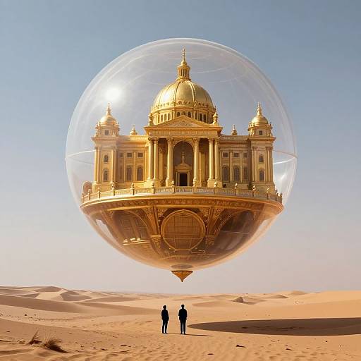 Photograph of a golden, dome-topped building encased in a transparent bubble hovering above a desert, with two small silhouetted figures standing