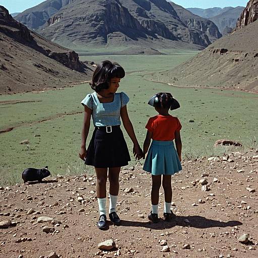 Two Girls Holding Hands in Rocky Valley