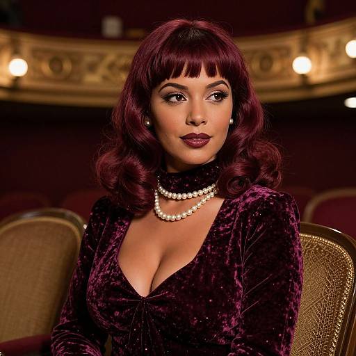 Photograph of a glamorous woman with dark red, wavy hair, wearing a deep purple velvet dress with a plunging neckline, pearl necklace, and