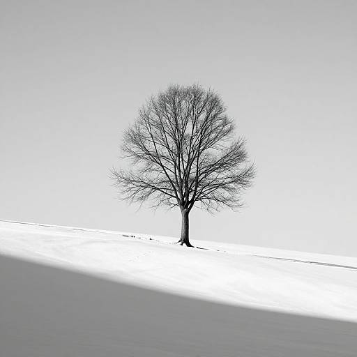 Photograph of a solitary, leafless tree standing in a vast, snow-covered field under a pale, overcast sky with a diagonal shadow.