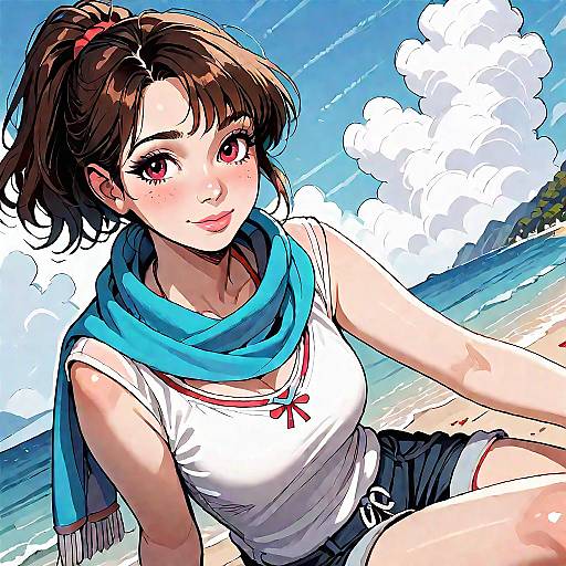 Digital anime-style drawing of a smiling young woman with brown hair, red eyes, wearing a blue scarf, white top, and black shorts, sitting on