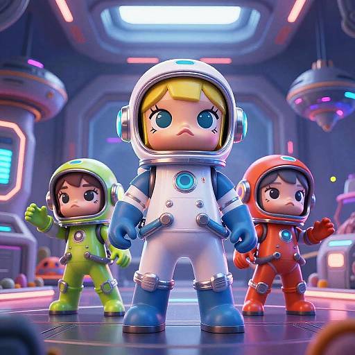 CGI image of three cute, cartoon-style astronauts with large eyes, standing in a futuristic spaceship. One in white, one in green, and one