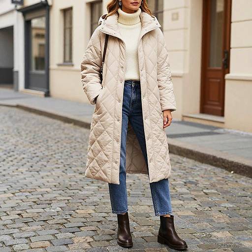 Woman in Quilted Coat on Street