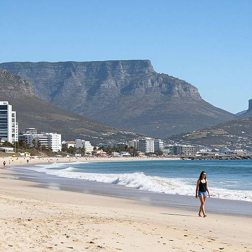 Photograph of a woman in a black top and blue shorts walking on a sandy beach with waves, mountains, and white buildings in the background under a