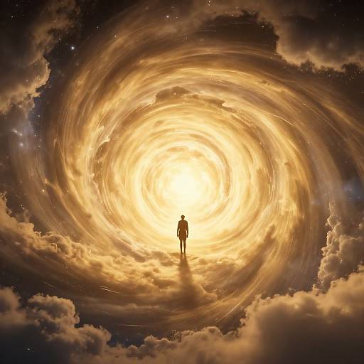Digital art: Silhouetted figure stands at center, facing luminous, swirling golden vortex amidst dark, cloudy sky and starry background.