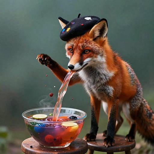 Surreal Fox Chef Pouring Kaleidoscopic Broth