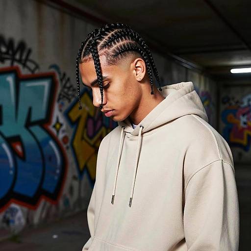 Photograph of a young Black man with braided hair, wearing a white hoodie, standing in a graffiti-covered urban tunnel.