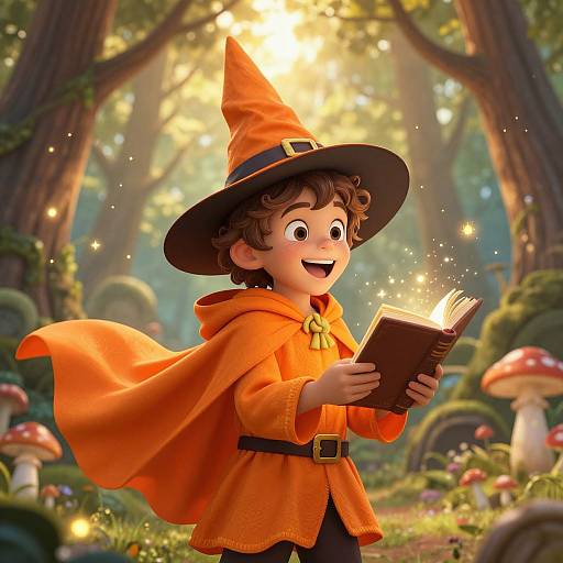 Joyful Young Wizard in Enchanted Forest