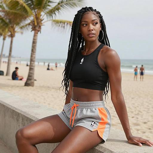 Fit Black Woman on Beach Ledge