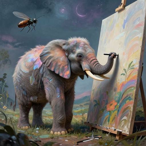 Digital painting of a colorful, paint-splattered elephant painting on an easel at night, with a fly buzzing nearby under a starry sky.