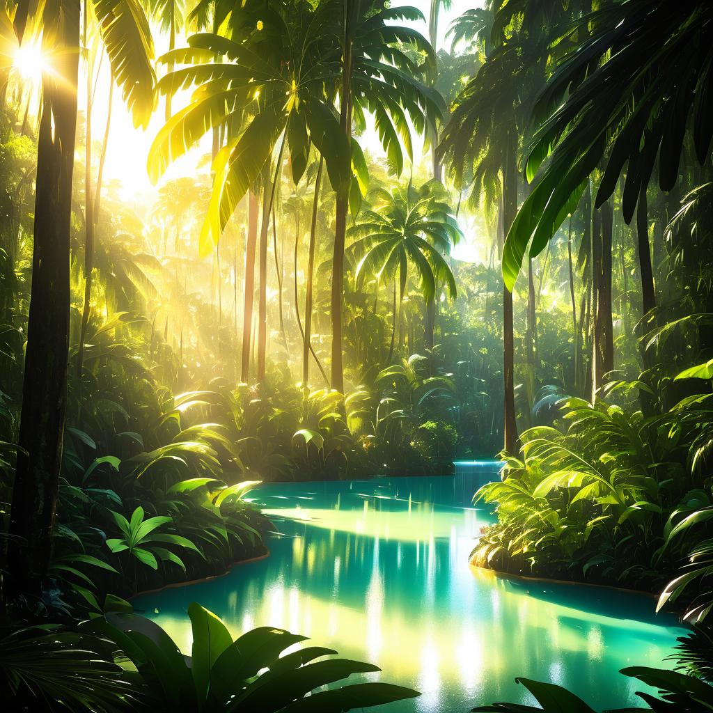 Lush Rainforest Oasis Under Golden Sunlight