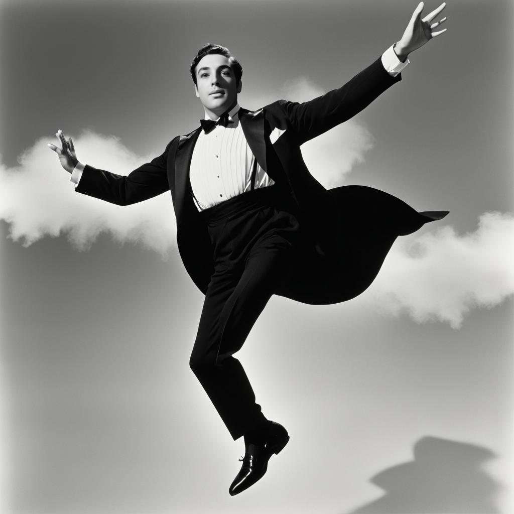 Man in Tuxedo Soaring through Air