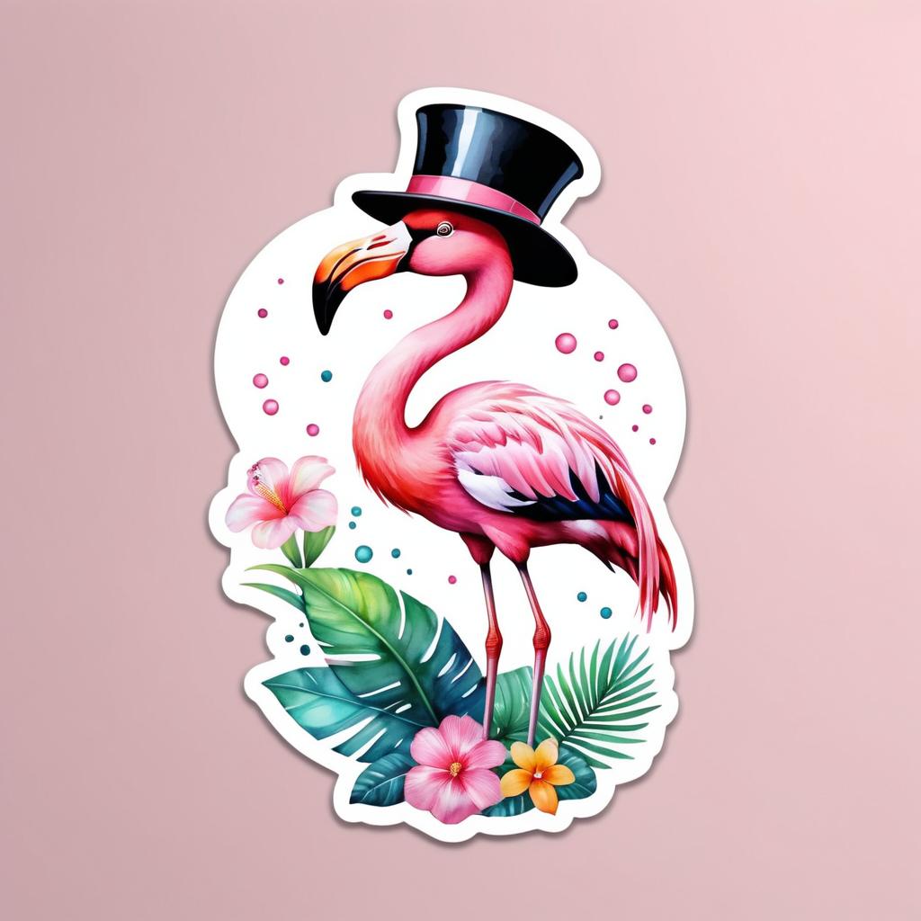 Kawaii Flamingo Sticker with Floral Splash