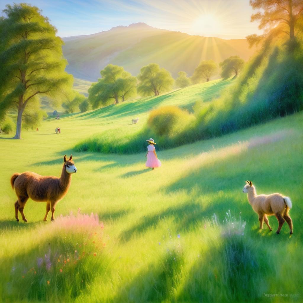 Llamas in a Tranquil Meadow Scene