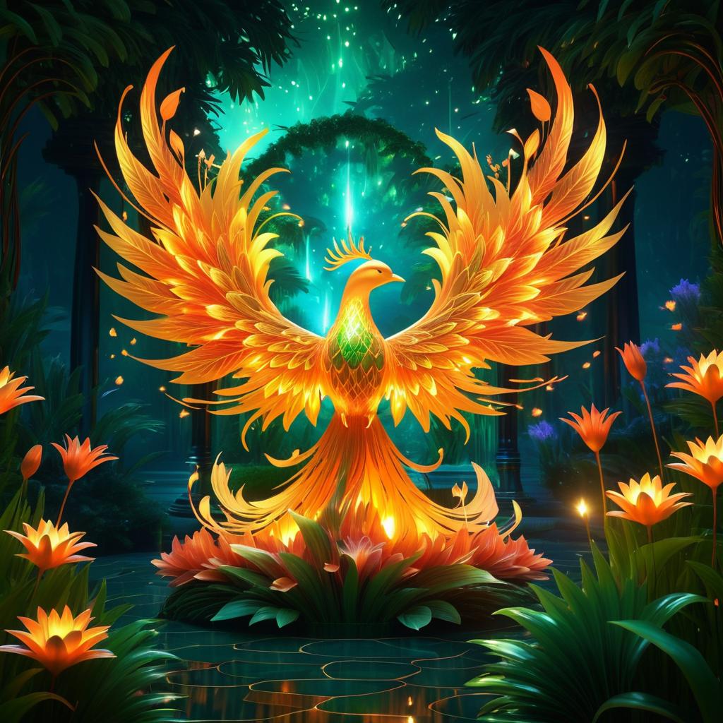 Serene Garden with a Fiery Phoenix