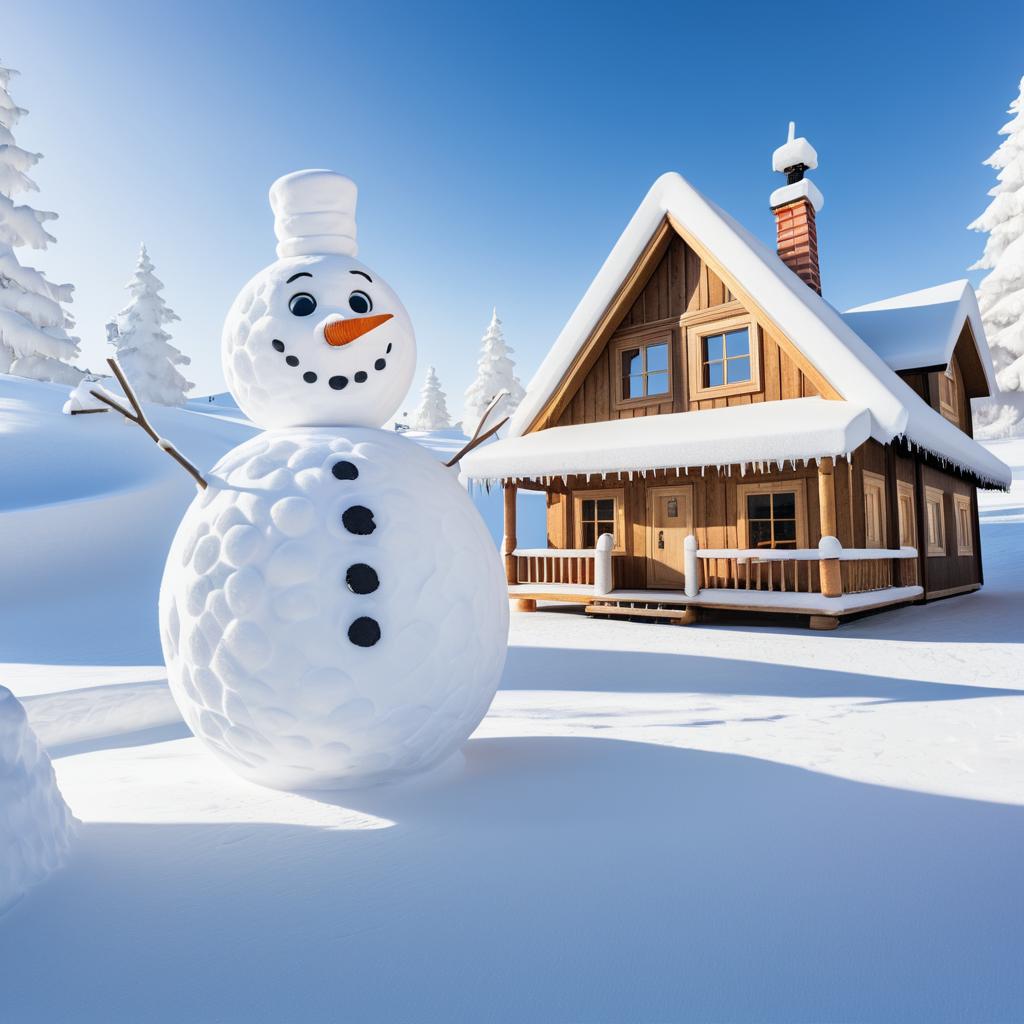 Living Snowman Beside Winter Cabin