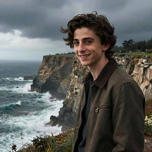 Eerie Timothée Chalamet on Stormy Cliffside
