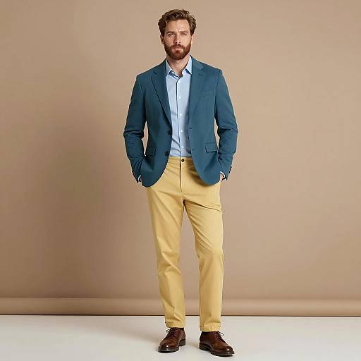 Stylish Man in Teal Blazer and Yellow Pants