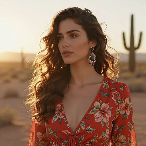 Photograph of a woman with long, wavy brown hair, wearing a red floral dress with a deep V-neck, large ornate earrings, against