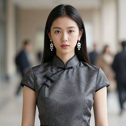 Photograph of an Asian woman with long black hair, wearing a black silk cheongsam with floral patterns, and dangling silver earrings, standing in a