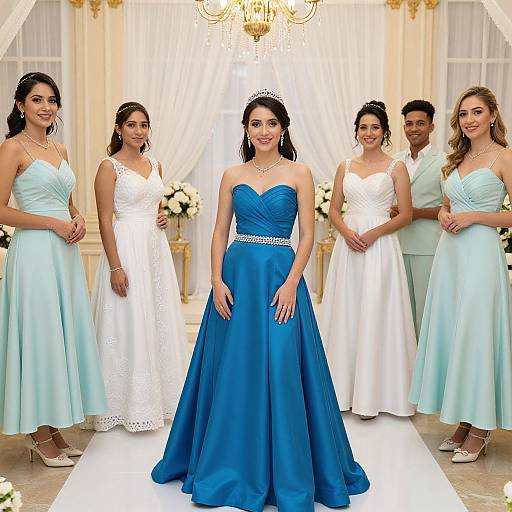 Photograph of a bride in a strapless blue gown with a silver belt, surrounded by five bridesmaids in white and light blue dresses, standing in