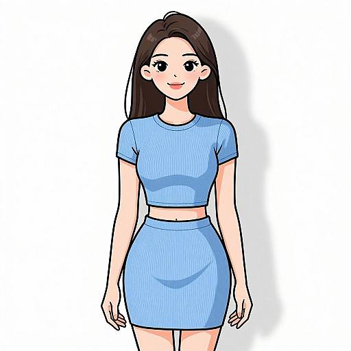 Digital anime-style drawing of a smiling young woman with long brown hair, wearing a light blue, ribbed crop top and matching skirt, standing against a