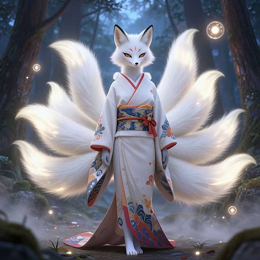 Digital artwork of a white, fox-like anime character with nine glowing tails, wearing a traditional white kimono with colorful wave patterns, standing in a mystical