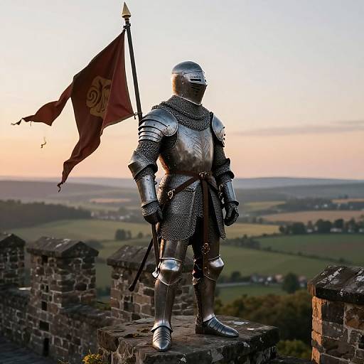 Photograph of a medieval knight in silver armor, standing on a stone wall, holding a red flag with a gold emblem, overlooking a countryside landscape at