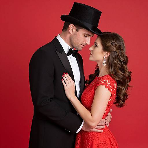 Photograph of a couple in formal attire; man in black tuxedo and top hat, woman in red lace dress, against red background, g