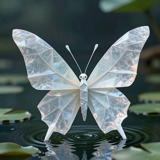 Photograph of a glowing, transparent butterfly sculpture with intricate vein patterns, standing in a dark, reflective water pond with lily pads.