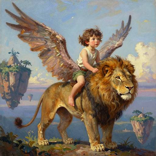 Child Riding Winged Lion Fantasy