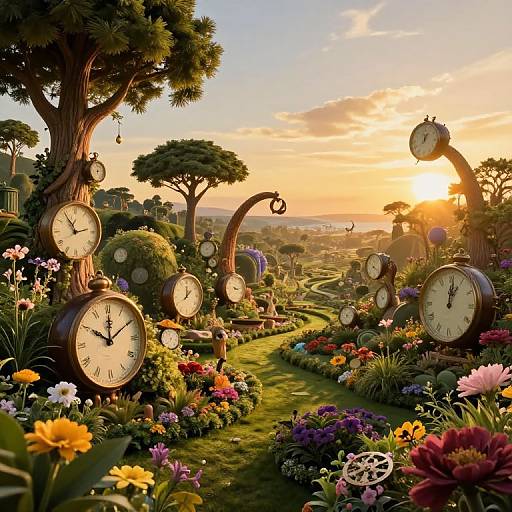Whimsical garden scene at sunset: oversized clocks on twisted trees surrounded by vibrant flowers, winding path, golden sunlight, and distant landscape. Digital art