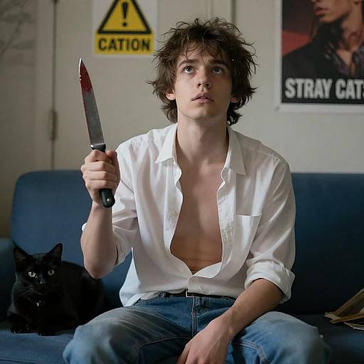 Intense Young Man on a Blue Couch