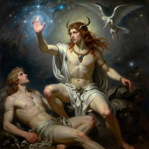 Digital painting of two muscular, shirtless, horned gods with white drapery, one holding a glowing orb, a dove flying above. Dark
