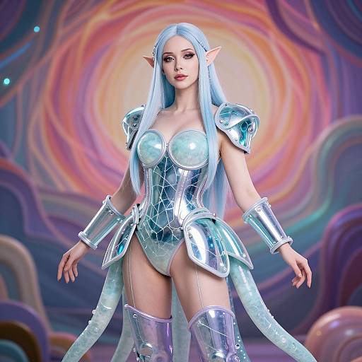 CGI fantasy elf woman with long blue hair, pointed ears, and shiny silver armor, set against a colorful, swirling abstract background.