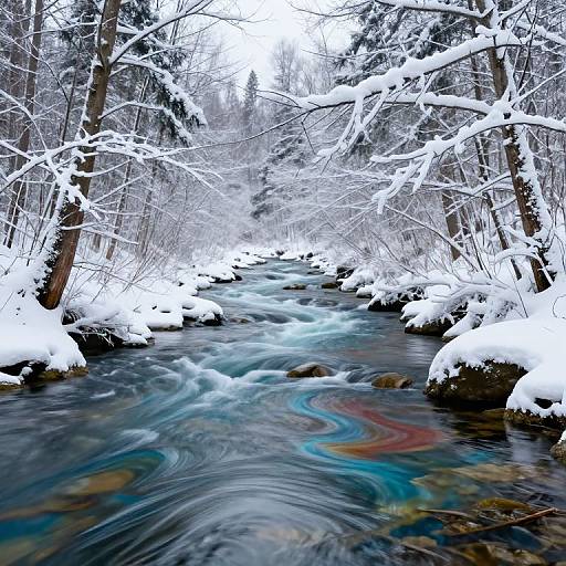 Photograph of a snowy, winding forest stream with swirling, multicolored water over rocks, surrounded by snow-covered trees and branches.