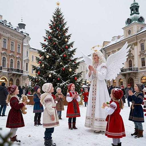 Photograph of a snowy Christmas market with children in traditional European folk dresses surrounding a white angel with wings and a golden halo beside a decorated Christmas tree.