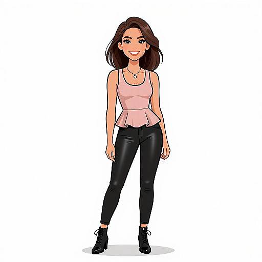 Digital illustration of a smiling woman with brown hair, wearing a pink tank top, black leather pants, and black ankle boots. White background.