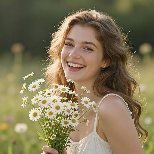 Photograph of a smiling young woman with wavy brown hair, holding a bouquet of white daisies, wearing a sleeveless white dress, in