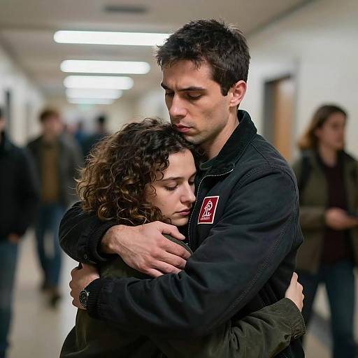 Emotional Embrace in Dim Hallway
