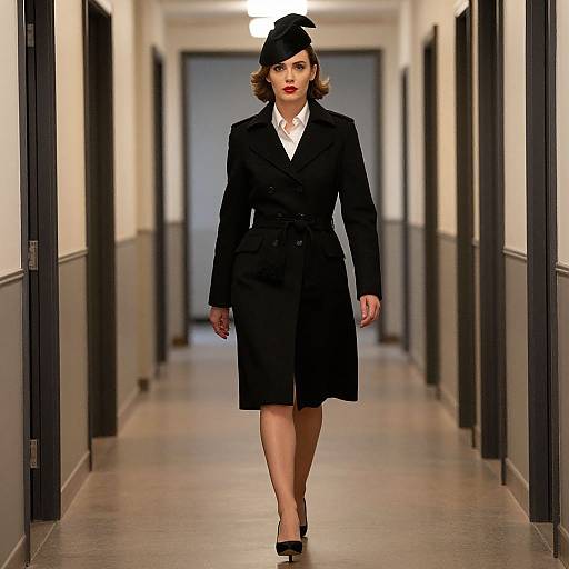 Photograph of a stylish woman in a black coat, white blouse, black hat, and heels, walking down a dimly lit corridor.