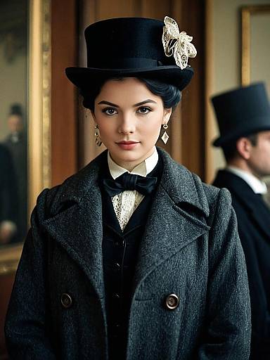 Victorian Woman in Black Coat and Top Hat