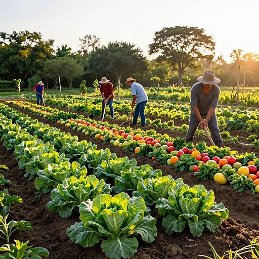 Photograph of four men harvesting colorful vegetables in a sunlit, lush garden, with rows of leafy greens and vibrant tomatoes.