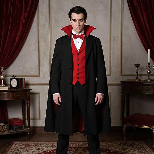 Photograph of a pale-skinned man with dark hair, dressed in a black Victorian-style vampire costume with red vest and bowtie, standing in an