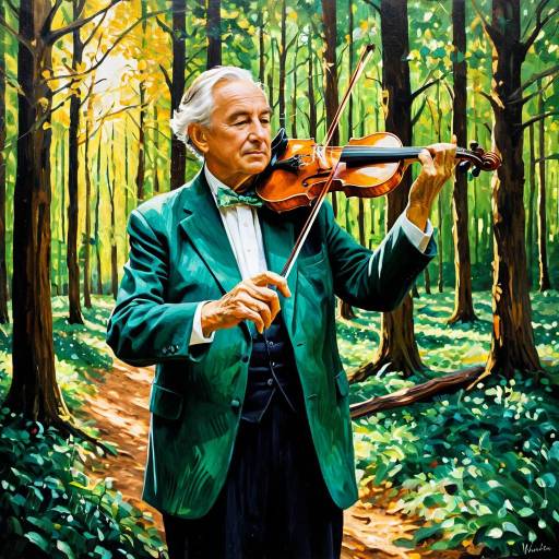 Elderly Violinist in Vibrant Forest